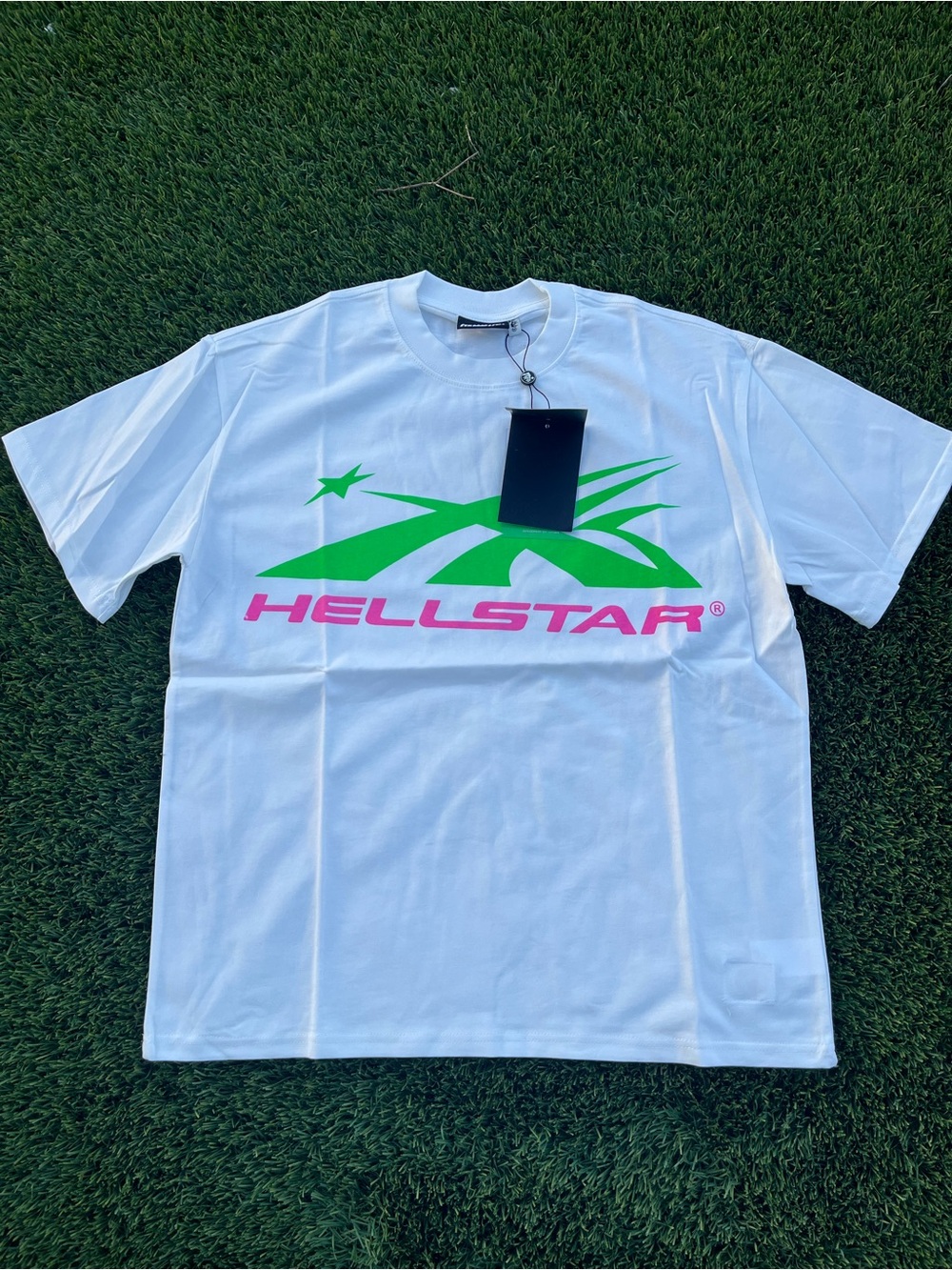 Hellstar White Graphic Logo Tee - Green & Pink Print